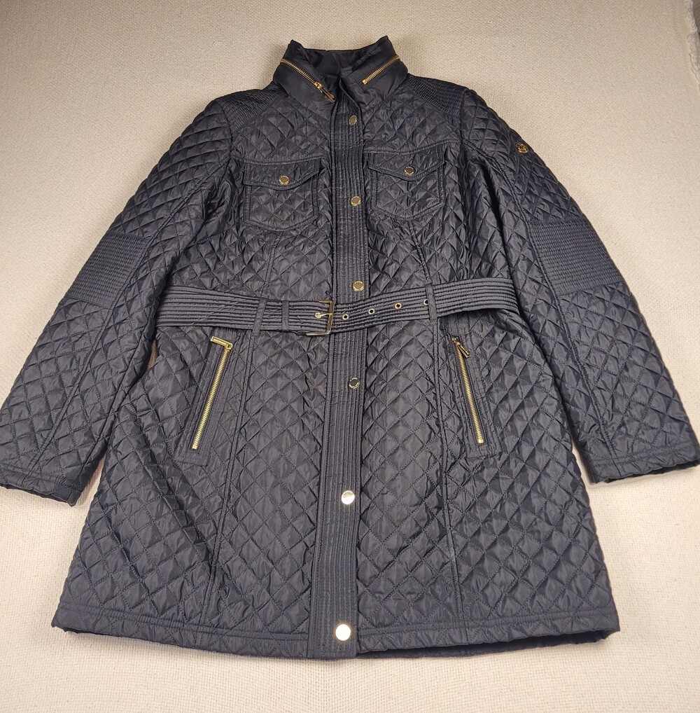 Michael Kors Quilted Coat Womens Large Black Hood Lined Belted Hooded Mid Length